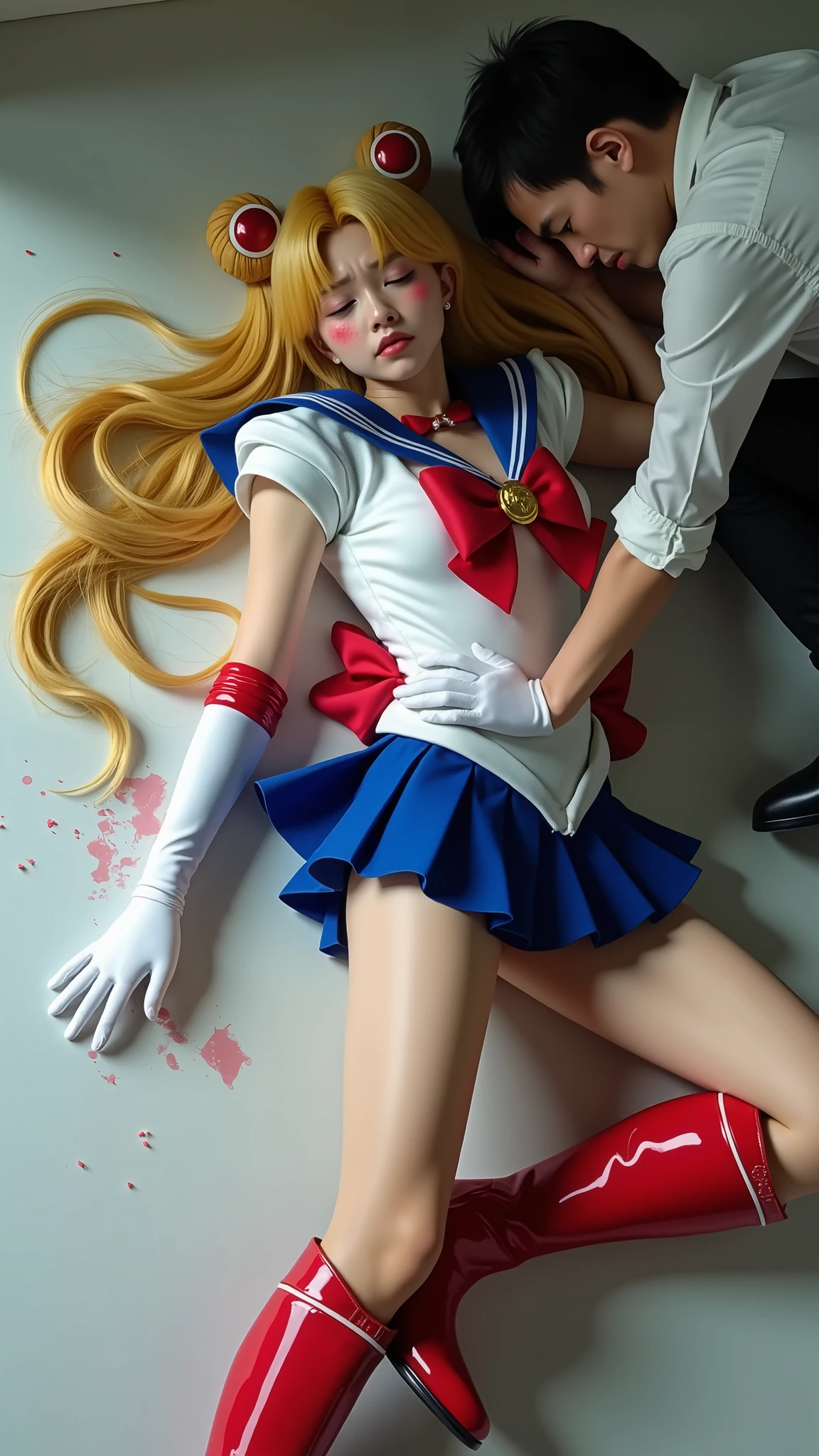 Hyperrealism, masterpiece, highest quality, A young Japanese woman is lying on the floor, she is sleeping, eyes close, painful face, she is wearing a Sailor Moon costume, Blue sailor collar, Blue short mini pleated skirt, she is wearing a very short blue mini pleated skirt, white panties, Long white gloves, shiny beige color pantyhose, Exposed thighs, red long boots, big red choker, long blonde Hair, semen on her face, semen on her legs, a man is bending over to touch her thighs,