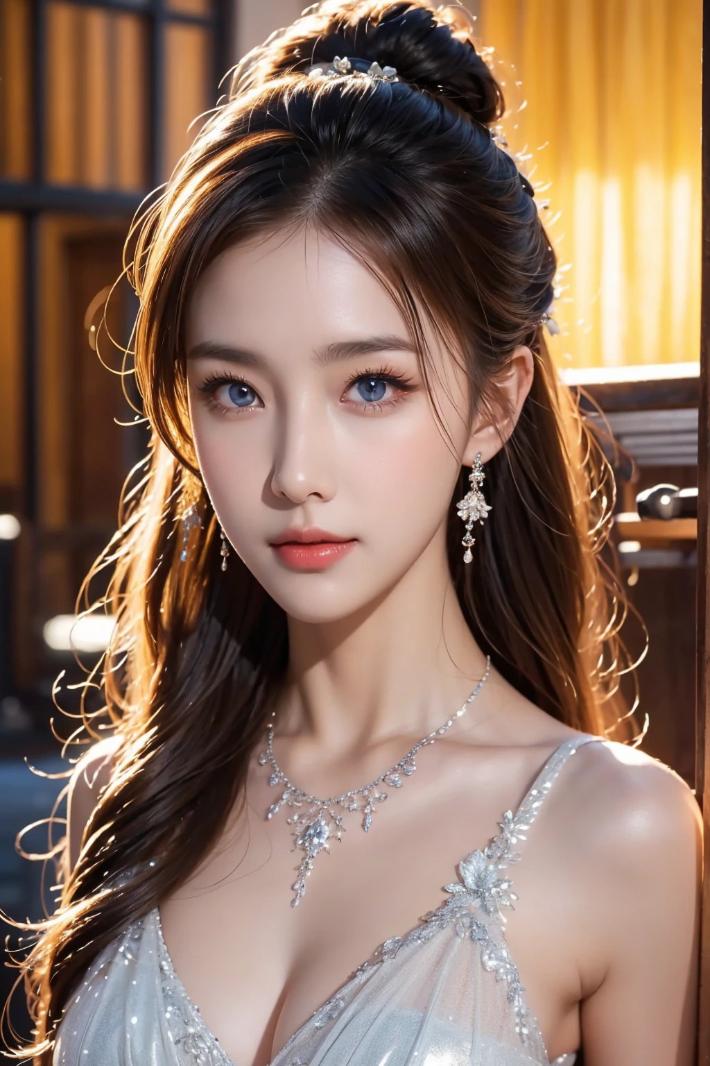 High-quality work，Realistic works，Super premium graphics，8K HD CG works，high quality graphics，High-definition and exquisite CG works，10x pixels，Ultra-fine details：1.1，Advanced technical details：1.1Realistic photo effects，Interior lighting effects：1.5，natural soft light：1.5. Light effect（Virtual light effects：1.8），ultra high resolution，shining dress，sliver long hair，silber hair，transparenthair，high detailed hair（Quality hair details：1.1）Clear eyes，Double eyelids look good，Sharp eye makeup, Create exquisite eyelash makeup, tthin eyebrows, Ultra-detailed eyes，a tall nose, lovely red lips, rosey cheeks, With delicate makeup on her face , pretty face, The face shape is perfectly proportioned,（Advanced facial details：1.1） a beauty, short hair, delicate facial features, perfect face, full body view, big breasts, huge breasts, cleavage, yellow rune paper pasted on the face, a lot of Taoist rune paper pasted on the body, super beautiful hand, super beautiful eyes(look at the viewer), Qing dynasty official hat, belly pocket, female zombie, Hong Kong lam cheng ying zombie movie character, pale skin, fair skin, shiny skin, vampire teeth, amazing beauty, dynamic pose, delicate face, abandoned warehouse background, messy, gorgeous, high detail skin, Realistic skin detailing, sharp focus, volumetric light, 8k UHD, DSLR, high quality, film grain, realism，Women's artwork，Dress full body video，Realism，Amazing Cleavage，My eyes are very bright today
