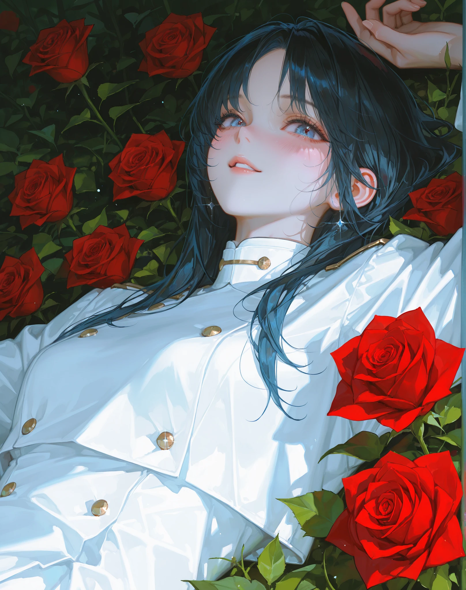 Perfect Eyes , Impressionist Paintings , realistic skin, semi-realistic detail, high detail, realistic hair, realistic detail, 8k, beautiful masterpiece, long black hair, parted bangs, clear blue eyes, long lashes, blushing cheeks, sparkling eyes, 23-year-old female , upper body shot, shining eyes, White long coat , White Mock-Tee , Natural light, Garden background, red ROSE background,on back, soft lighting, dreamy aesthetic