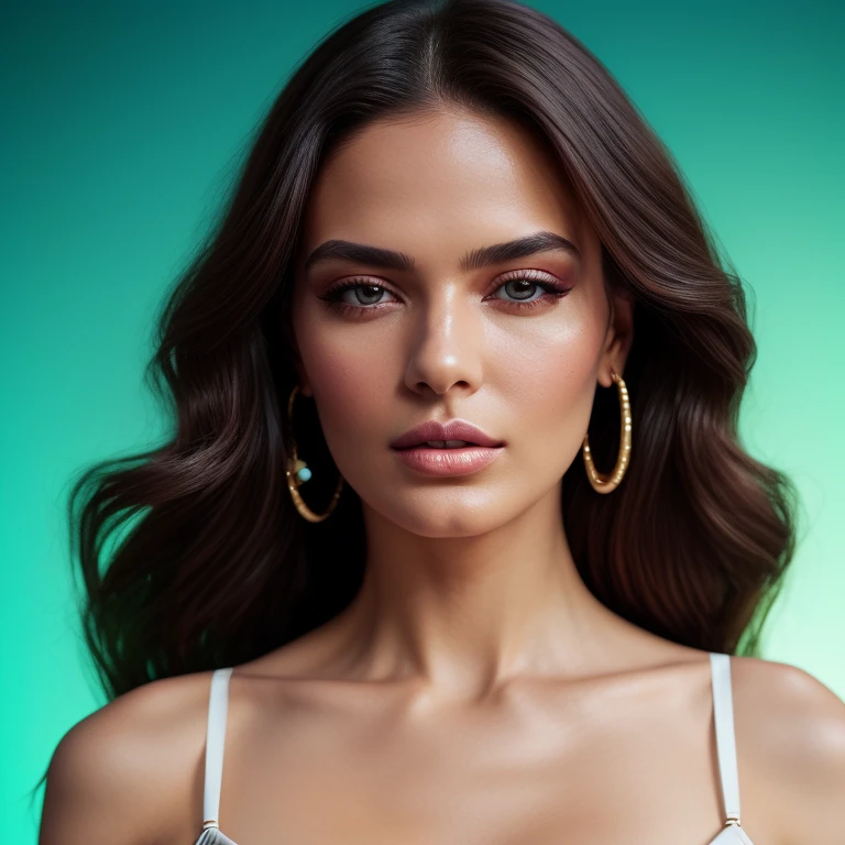 Create a portrait of a full body Brazilian Australian influencer model wearing tiffany blue casual outfit posing for Vogue magazine, Her hair should be styled straight and she should be wearing minimal makeup. The image should have a warm and inviting feel, with bright colors, hyper realistic 8k