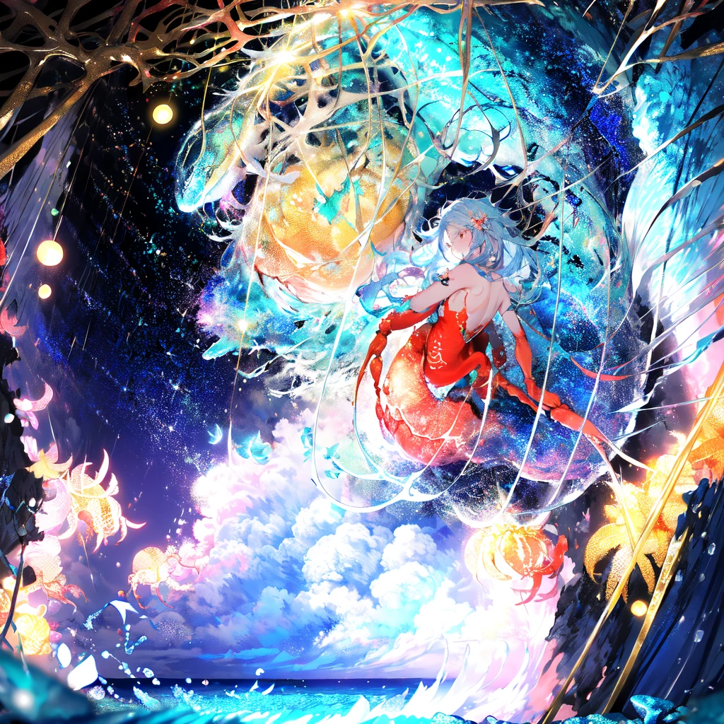 woman\(student, 15 years old, ＪＫ, Short silver hair floating, Space-colored eyes, school black uniform, Pale skin, Tired face、lack of shine in the eyes\) Looking up at the sky, Many cute little goldfish with shiny red scales are swimming in the air, Transparent bubbles, like those in water, sparkle here and there in the sky., Beautiful sky, Beautiful Clouds, there are puddles at ground and the landscape is reflecting beautifully, Looking up at the wide sky from the cramped back alleys of the slums, Summer flowers are blooming everywhere, I see the wind blowing and shining, There is a noon moon and a noon star in the sky,From below, break ,quality\(8k,非常に精細なCGユニットのwallpaper, masterpiece,High resolution,top-quality,top-quality real texture skin,Surreal,Increase the resolution,RAW Photos,最高quality,Very detailed,wallpaper,Cinema Lighting,Ray-tracing,Golden Ratio\),(Long Shot),landscape,