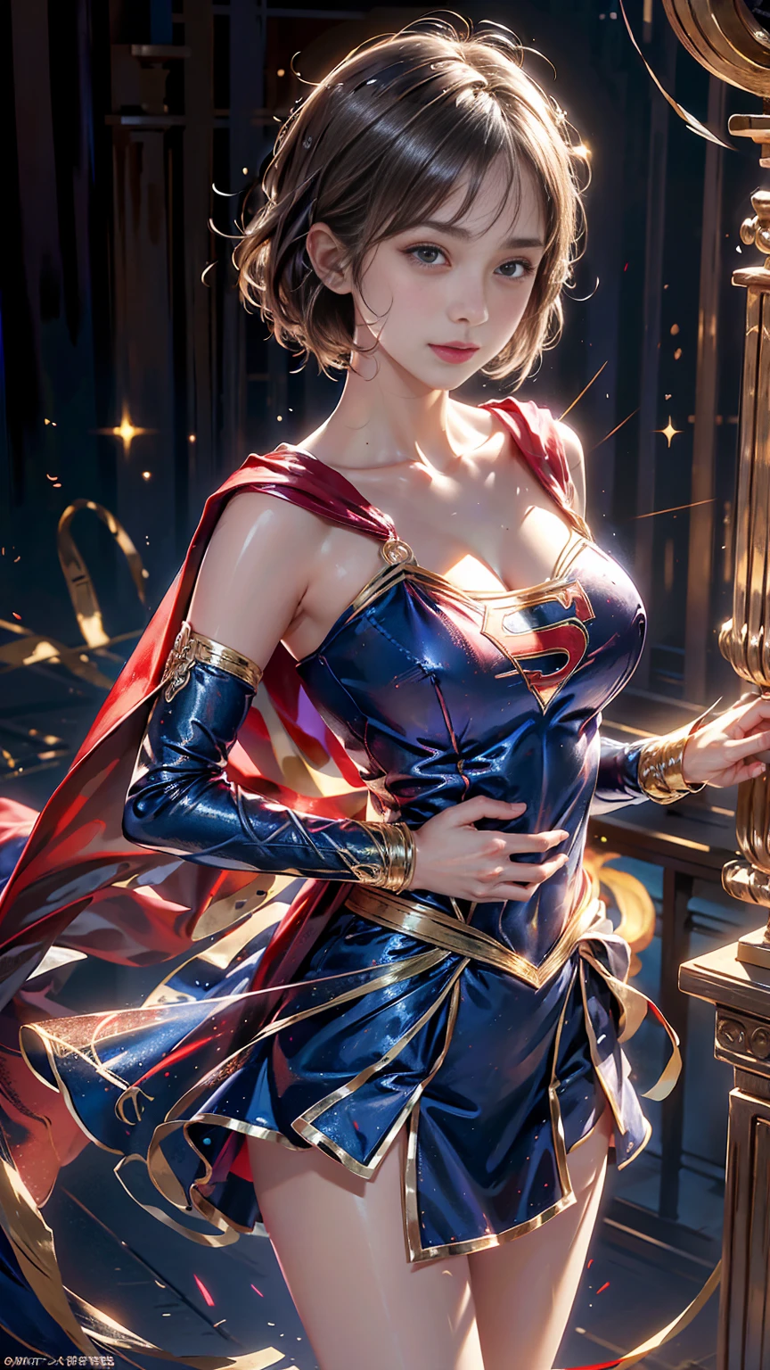 game character, East Asian original art character design, 1 girl, alone,[:(gradient background:1.5):40],full body lesbian, big breasts, Supergirl costume dress