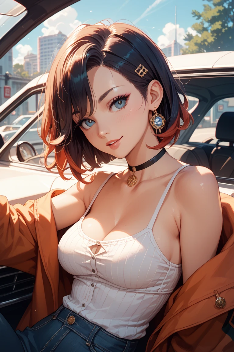 Top quality, realistic, angle from below, city at night, neon lights, backlit, (1 adult female), (small breasts), close-up of lips, short hair, blowing in the wind, shiny red lips, closed mouth, blue topaz eyes, slanted eyes, smiling, cleavage, sitting on bench, hand touching lips, nylon jacket, loose fitting t-shirt with fine pattern, loose nylon pants, belt, high heel sandals,