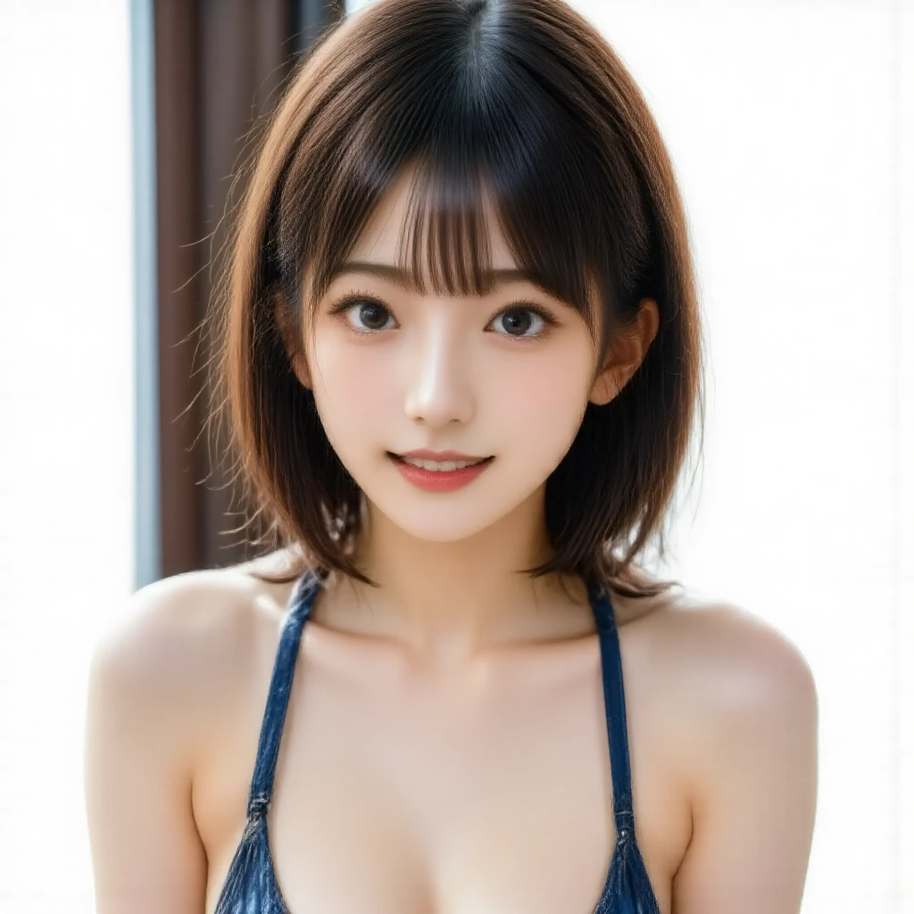 bright表情、photorealism、highest quality、超A high resolution、Photos of the most beautiful Japan girls、cute and beautiful face details、small face、(Pueros face_V1:0.008)、美しいbangs、、Brilliant white skin、hair gets tangled in face、顔まで伸びるbangs、bangs、hair between eyes、super long hair、Attractive brown silky hair、bright, Clear light blue eyes shine charmingly、double eyelid、ample breasts、ダイナミックなポーズhighest quality、disorganized、((the cutest girl in the world))、Japanese、14 years oldSpring-like clothes))、(one piece)、()、nice and cute、innocent smile、nice smile、big breasts、(ample breasts:1.3)、ponytail、brown hair、thin waist、detailed beautiful eyes、face forward、Upper body、close up of face、