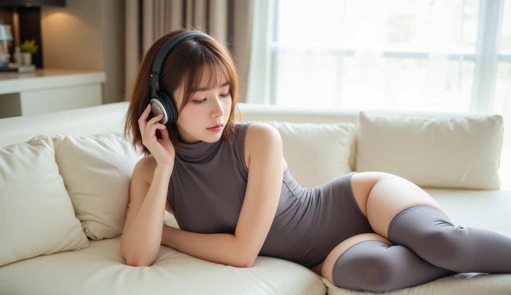 (1 girl:1.0),25 years old,beautiful girl,bob cut,office girl,sitting chair,(small breasts:1.2),(slim body shape:1.2),highest quality,High resolution(headset:1.3),(cowboyshot:1.0),fullbody,short sleeve knit sweater,smile,front face,(front view:1.0),looking at viewer,office,Talking,Chatting,(full-face blush:1.5),(smile:1.2),anguish,(presenting panties:1.5),white panties,2d seamless hand-painted texture,