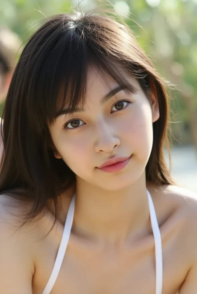 Thai girl, Best Quality, 8K, 16 yo, Large breasts, Raw photo, Professional Photography, Portrait, background grey, Soft light, Professional Lighting, Solo, Smile, close up, Face, bustshot, Cute, Girly, Goddess, Delicate girl, Neat and clean beauty, Upper body, Digital SLR, Looking away, Candid, Sophisticated, Film grain, (Eyes and faces with detailed:1.0), Medium length hair swaying in the wind, Bangs