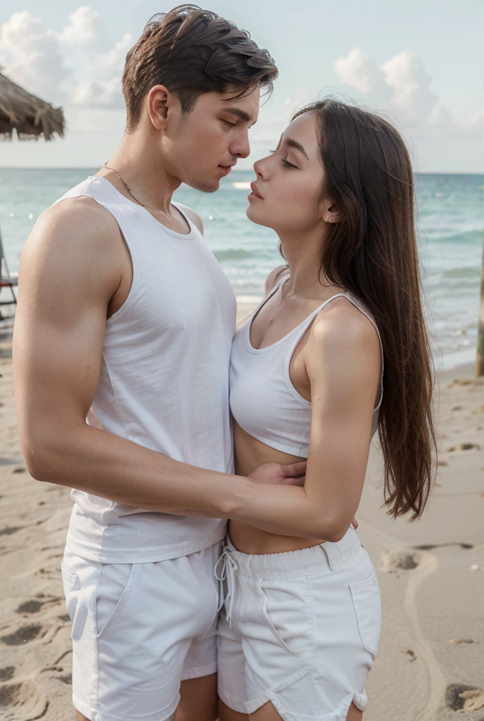 (behind view photo), (girl and boy couple photo), (white-skinned girl, American, mid-20s, detailed skin, feminine body, blue short skirt), (white-skinned boy, British, handsome body, masculine figure, wearing tight shorts) dark hair, both half-naked, hugging each other, landscape valley background, romantic view, Instagram filter, high detailed faces. ultra-realistic detailed hands, fingers, evening natural sunset light, photorealistic, Masterpiece, UHD, 16k, 8k, full body photo.