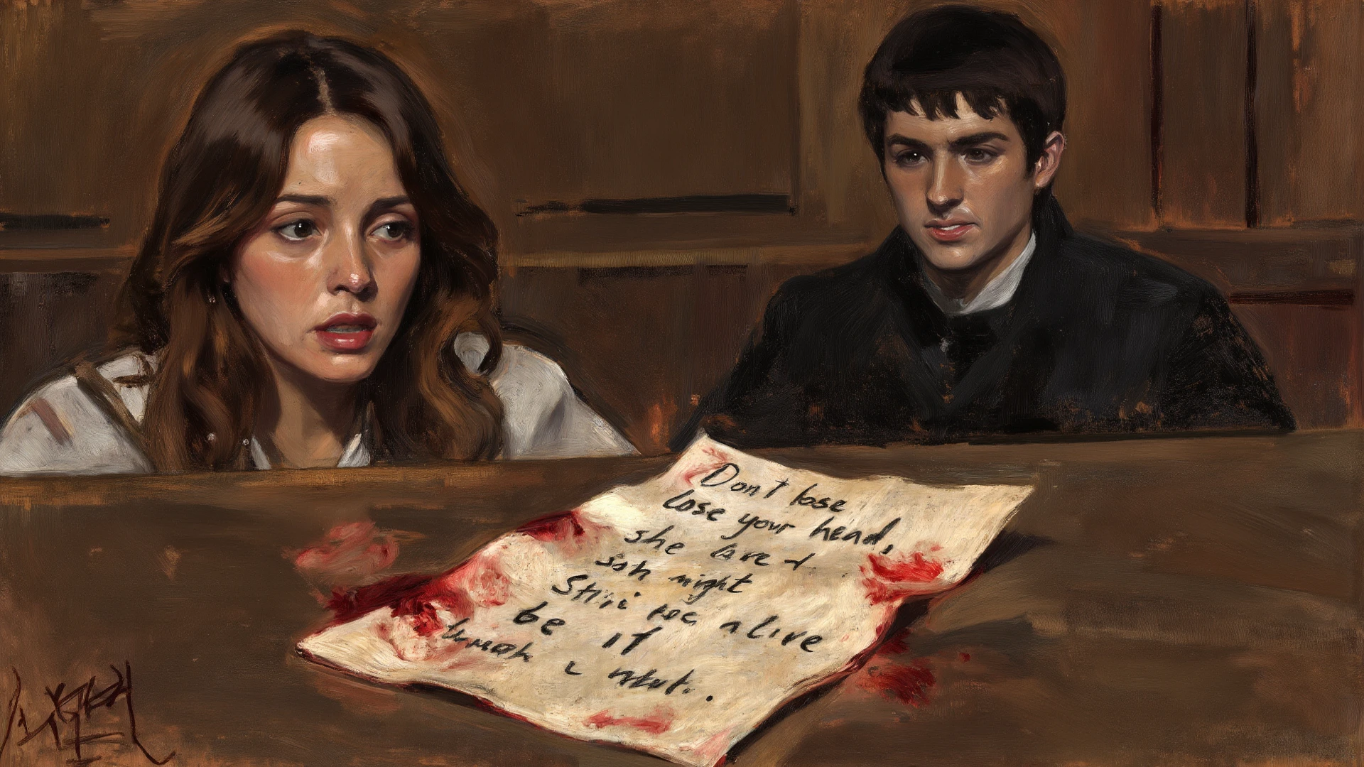 painting of a woman is helping a man with a bloody face, bloody scene, inspired by Gottfried Helnwein, very creepy, creepy!!, an expressive digital painting, fan art, by Anna Füssli, very very creepy, Inspired by Eugène Carrière, inspired by Zbigniew Nowosadzki