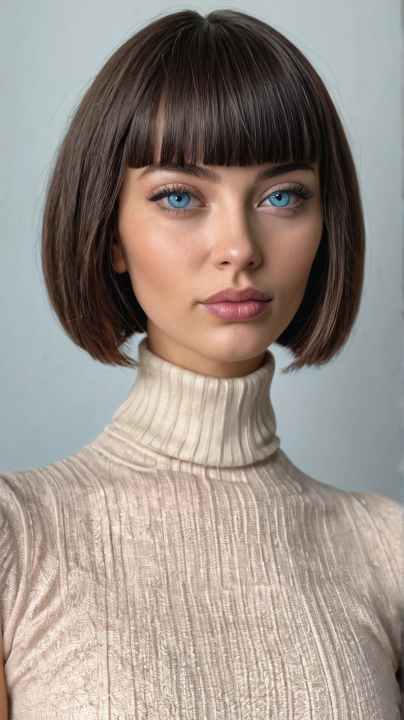 upper body photo of <lora:tenletters_v1:.9> tenletters, focus on face, wearing a turtleneck , her hair is styled as short blunt bob hair,