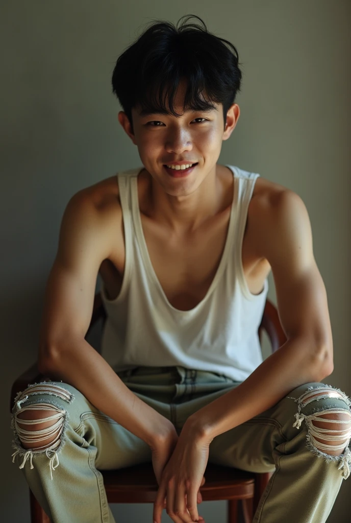 Japanese men、13 years old、Muscles and smooth skin、Very short black hair、A relaxed and friendly smile、Light purple boxer briefs、The whole body is well visible、