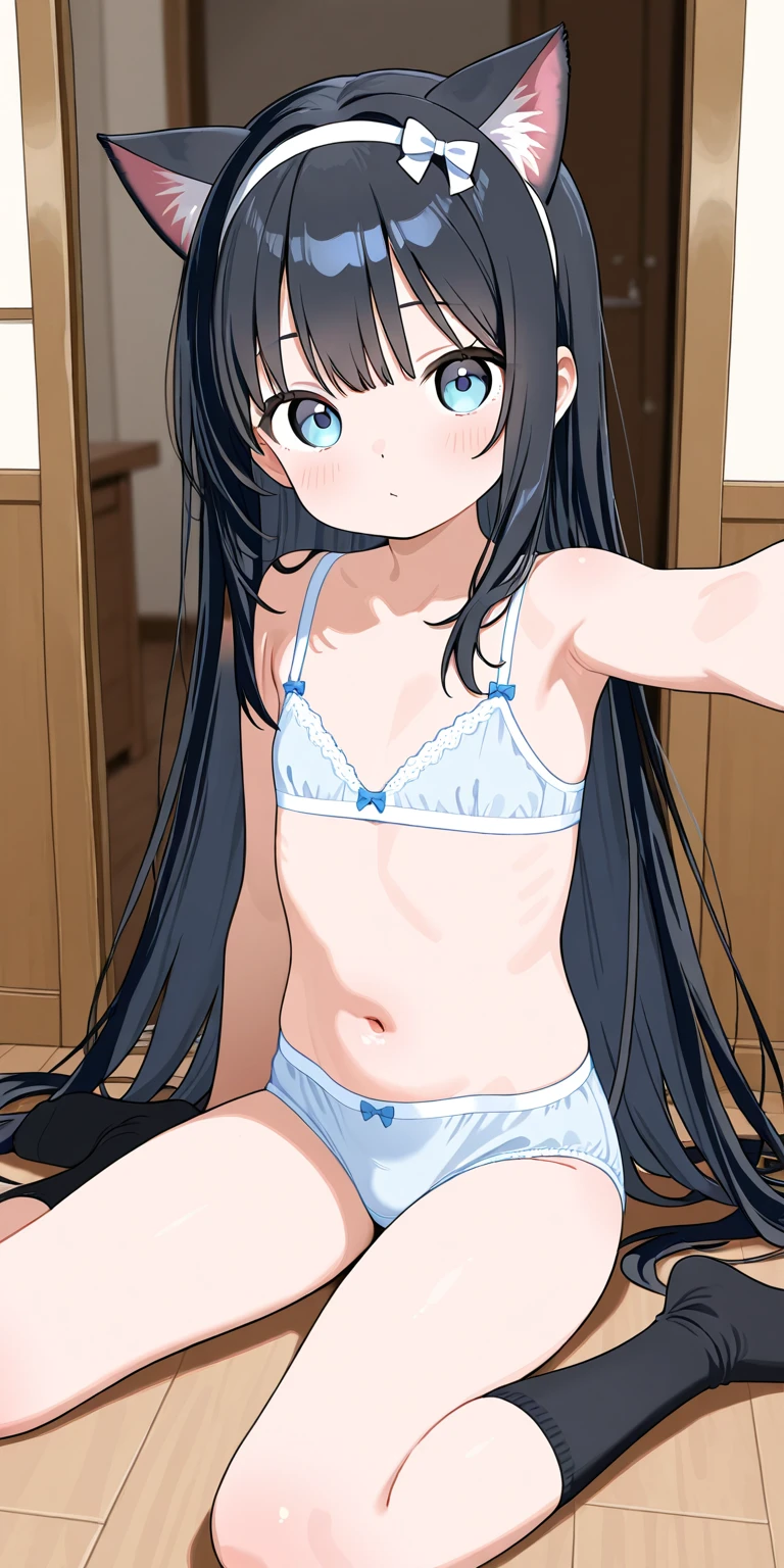 , yukimi, 10 yo., long hair, blunt bangs, flat chest, expressionless, shy, twintail haired, full body, best quality, (miniature microbikini), knee high socks, laying on bed, folded legs,
