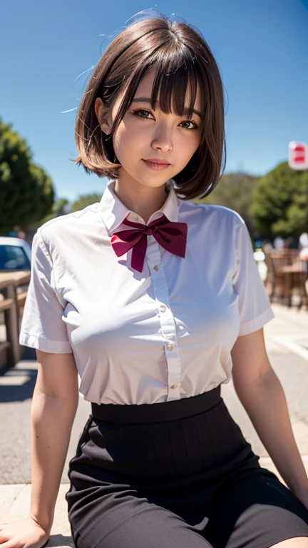 (8k, RAW photo, best quality, masterpiece:1.2), (realistic, photo-realistic:1.37), ultra-detailed,
1 girl,cute, solo,beautiful detailed sky,detailed cafe,night,sitting,dating,(nose blush),(smile:1.1),(closed mouth),large breasts, seductive smile, large aparture, professional lighting, Sony A7R4, Zessie 50mm F1.8,
medium breasts,beautiful detailed eyes,(collared shirt:1.1), bowtie,pleated skirt,(short hair:1.2),floating hair, slightly unbuttoned clothes
