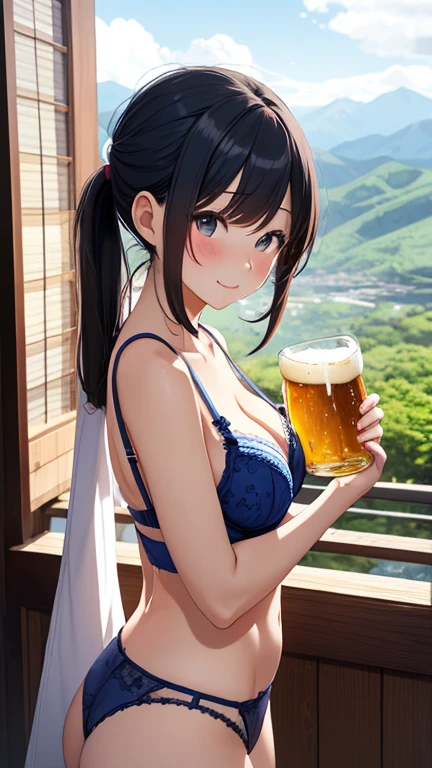 ((highest quality)), ((masterpiece)), (detailed), Perfect Face,Home,brown hair,a little long hair,Blue Eyes,Big Eyes Indoors,table,have a beer,White sleeveless shirt,Cleavage,Big Breasts,blush,smile,No bra