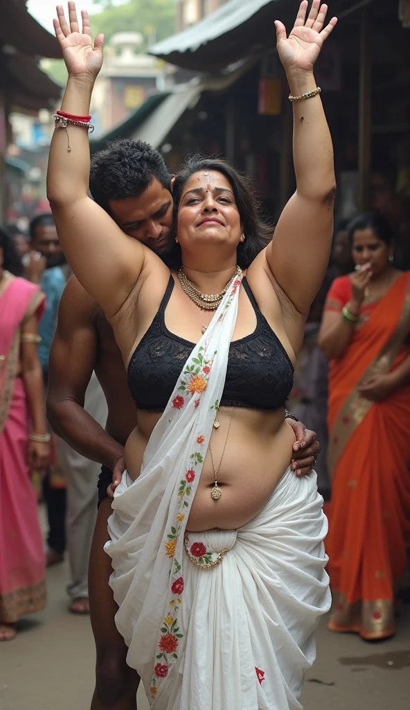 a very beautiful and sweaty 25 year old Indian naked girl, thick hairy armpits, muscular abs, raising her arms high while being carried and kissed by two young men