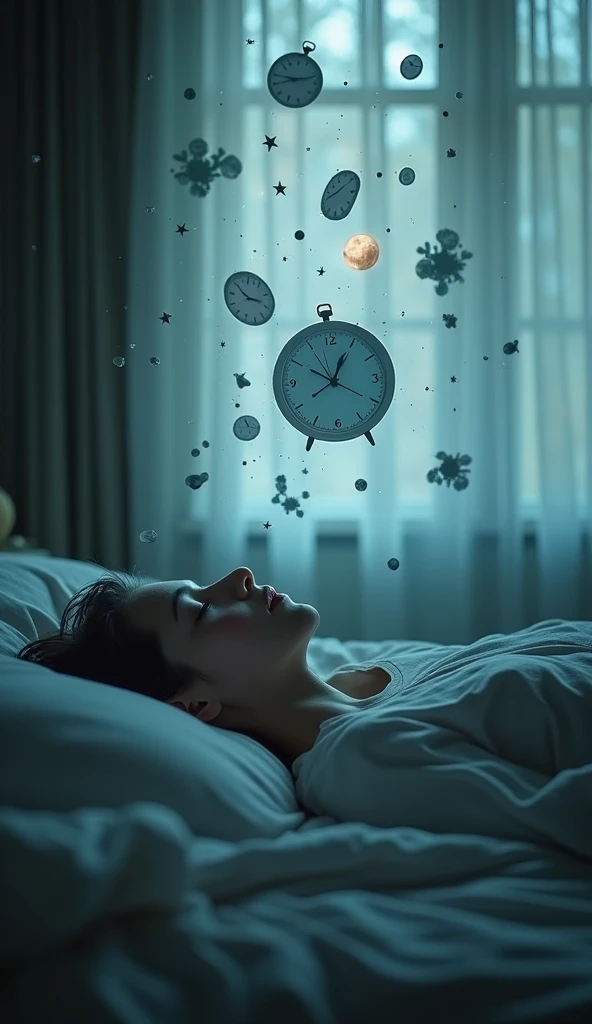 Person sleeping peacefully under a sheet, surrounded by a relaxing blue aura. Above, a night sky transforms into a vibrant dawn. Clock showing a healthy sleep cycle. Realistic style with soft dreamlike elements, high definition, realistic style, cinematic style, soft colors. Photorealism style, high resolution, 8k