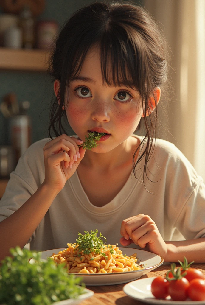 A with delicate and beautiful facial features in the kitchen,On the table in front of her was a plate of shrimp and a plate of fish,The had a happy smile on her face,A small white rabbit next to the table,The background is a window,kids drawing