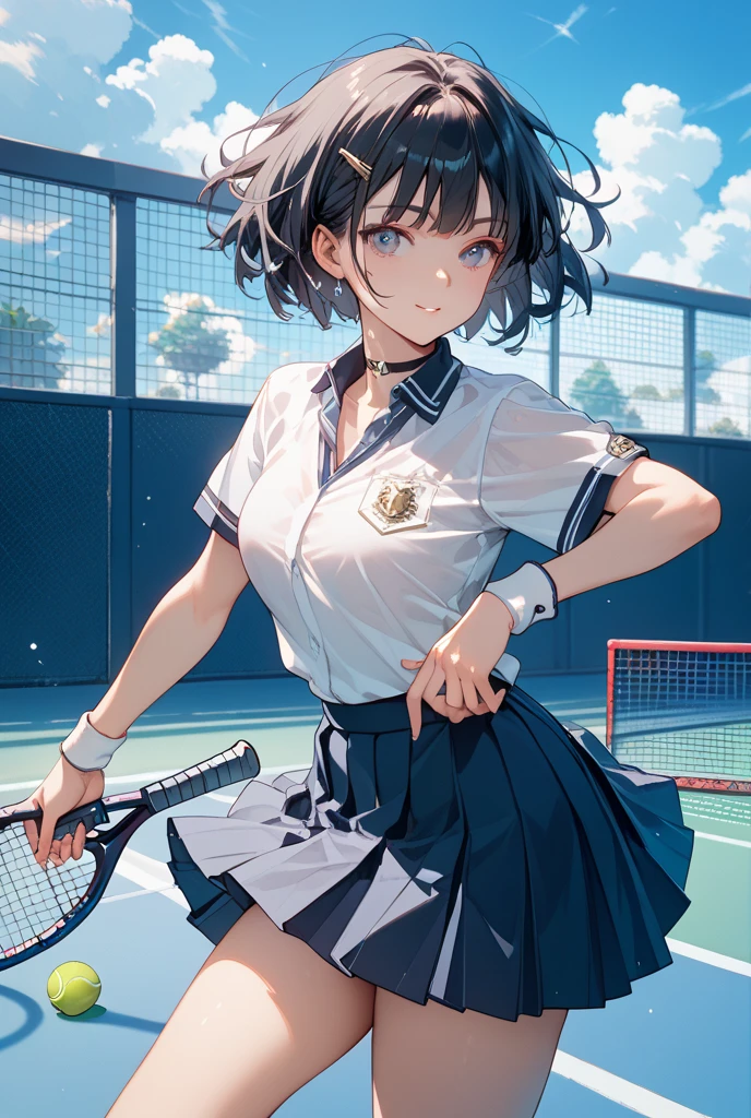 ((Masterpiece)), ((Best Quality)),Ultra High Resolution, Caustics, Detailed, (Beautiful Detailed Eyes),Perfect Anatomy,20 year old beauty、Japanese、black hair,short cut hair,black eyes,slender body,ideal ratio body proportions,tan skin,gleaming skin,oily skin,shiny skin,sweat:1.3,heavy breathing、steam,((LATEX、tennis uniform、white polo shirt、White pleated mini skirt)),outdoors、Tennis court、