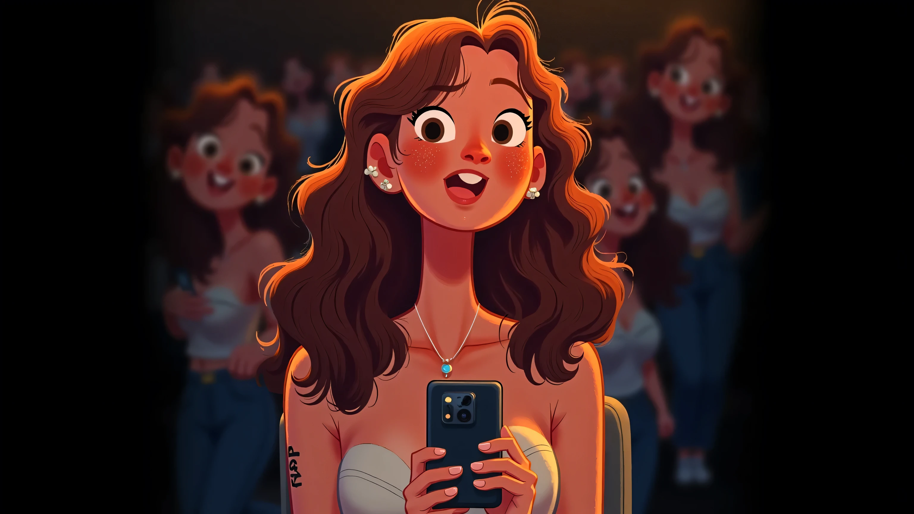  frontal footage ，a beautiful and elegant woman，long brown wavy hair，wearing a white strapless top and blue jeans，Looking at the stage。She sat in a dim light，she held up her phone and took a picture。Cinematic atmosphere lighting， illustration style 
