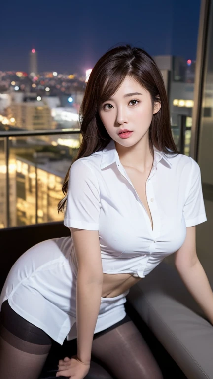 ((Best quality, 8k, Masterpiece :1.3)), Whole body, Sharp focus :1.2, A pretty woman with perfect figure :1.4, Slender abs :1.2, ((Dark brown hair, Big breasts :1.2)), body dress :1.1, (Night city view, Modern balcony :1.1), Highly detailed face and skin texture, Detailed eyes, Double eyelid, Small Bust, OL Uniform, Office Wear, white T-shirt, exposed cleavage, (Black Pantyhose), (No Panties), Interior Scene, Office