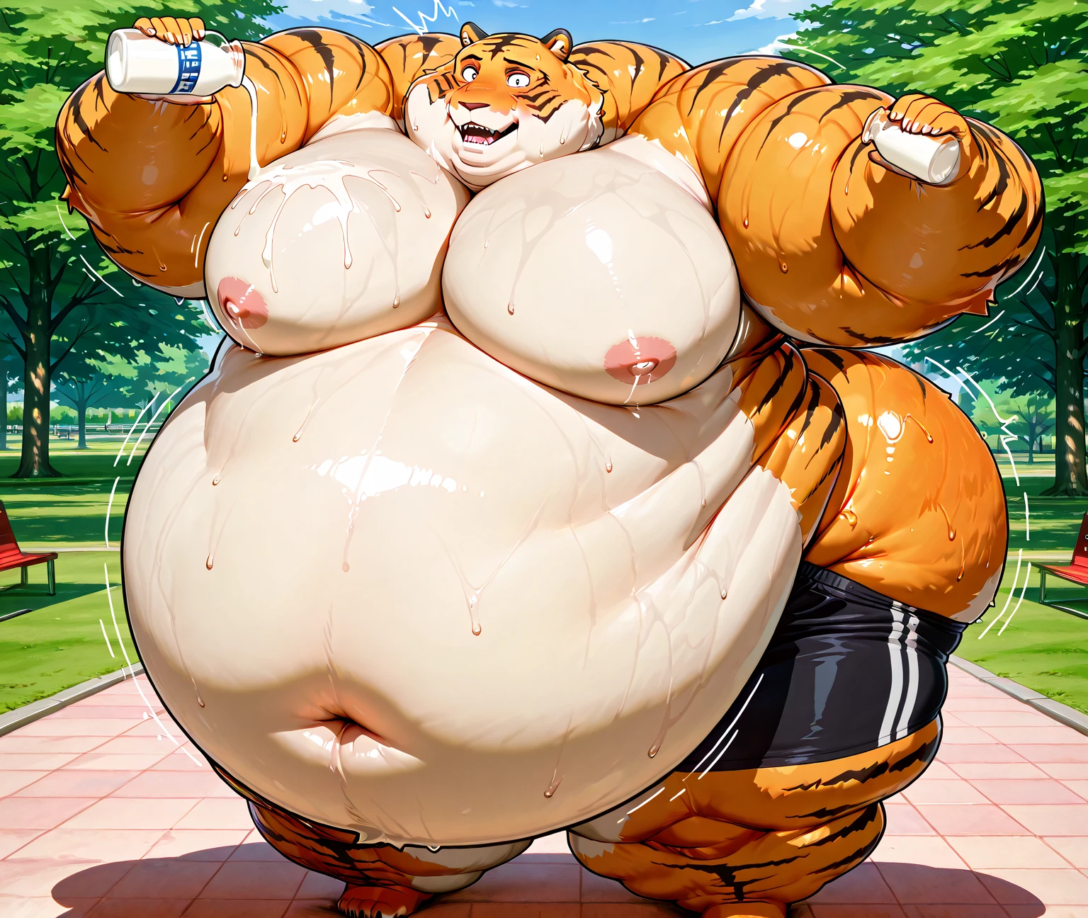 Female, tigress, (full body view), hourglass figure, curvy:1.5, (voluptuous:1.5), ((thicc)), (medium breasts), large areolas, dark brown nipples, (saggy breasts:1.6), large hips, thick thighs, kneeling, ((front view)), ((full body view:1.5)), By bebebebebe, by buta99, by chunie, by sonsasu, by danza,