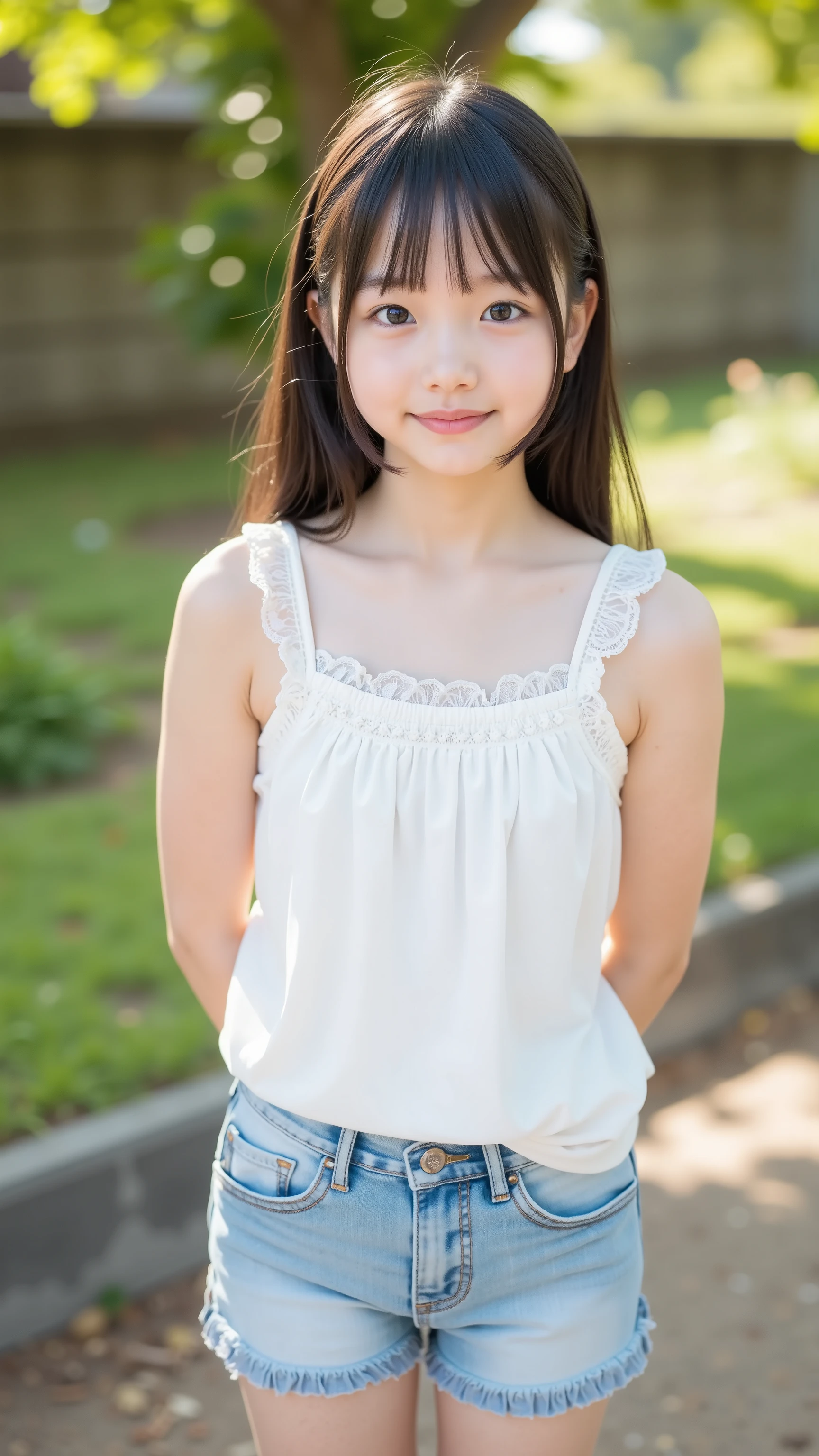 Cute Lolly,Japanese girl,hyperreal,high definition,Highest Quality,8k, Exquisite Details ,(elementary school student,short,baby face:1.3),(Tank Top,denim shorts),stares at the viewer,depth of field,full body,5 girls in the back,playground,delicate skin,ephemeral expression,fluffy hair, delicate hands and feet,Blushed Cheeks,plump lips,small breasts,seductive gaze,graceful behavior, beautiful posture,see-through lace,Shadow,Enchanting Atmosphere,soft lighting for the landscape,ぼかしたBokeh,HDR,UHD,Studio Lighting,super precise depiction,realistic,sexy posing wearing,physically-based rendering,Extreme Details,professional,Vivid colors,Bokeh