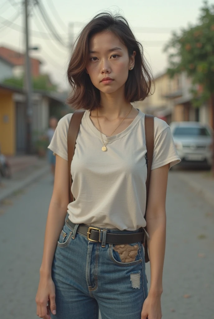 bare face,((Dirty face)),numb expression,neutral colors, ((((hdr)))), ((((muted colors)))), 1girl,a young woman, street smiling, backpack, stains, tattered clothes,ponytails, epic realistic, photo, faded, complex stuff around, intricate background, soaking wet, intricate scene, artstation, intricate details, vignette sharp focus, documentary film footage, high resolution photography, supple skin pores, real person, detailed skin texture, cinematic movie image, upper body shot, detailed skin, 20 megapixel, detailed face skin, movie grain, portrait, epic (photo, studio lighting, hard light, sony a7, 50 mm, matte skin, pores, colors, hyperdetailed, hyperrealistic)