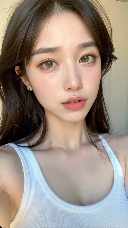 ((highest quality, 8K, masterpiece :1.3)), 1 female,24-years-old、 Beautiful woman :1.3, (random hairstyle :1.2), Tank top :1.2, super detailed face, fine eyes,round face、Buck teeth Single eyelid, armpit