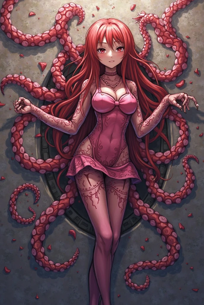 A beautiful anime-style girl with short orange hair,(((detailed)))Yellow Eyes,Transparent hair,Bright Face,smile,Delightful beautiful girl,(((detailed)))A beautiful girl with a well-balanced and glamorous body,Lori,Big Breasts,(((detailed)))A beautiful immoral girl wearing a provocative purple and red bikini,Pale skin,(((detailed)))Full Body Shot,octopus,Countless tentacles wrapping around the body,Tentacles that wrap around hands, feet, etc.,(((detailed)))fog,Red Moon,Mysterious Flower,Lake of Darkness。