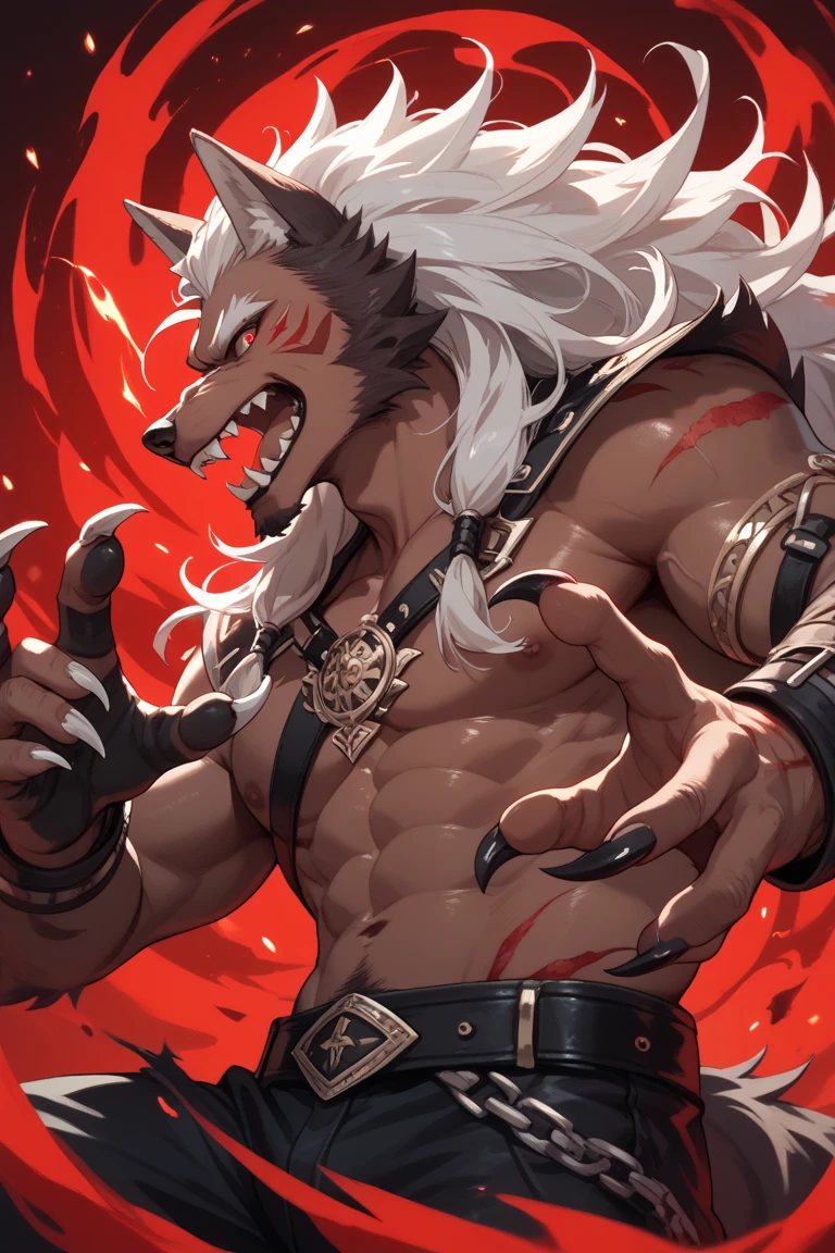 (best quality), (photorealistic:1.2), (masterpiece:1.3), (realistic detail:1.2), highest quality, ultra detailed, 8k, RAW photo, (mature male wolf:1.3), (general),(defeated),(damaged body),(extreme detail:1.3), (gray fur:1.2), facial hair, long hair, white braided hair, (blood:1,6),(elderly:1.2), (emaciated:1.3), nude, (muscular:1.3), (battered body:1.4), bleeding, (heavily scarred:1.4), shackled, (chained:1.4),(chains wrapped around his arms and main body ), (dungeon:1.3), (torture:1.3), (extreme pain:1.5), (semiconscious:1.3), (weak:1.4), (suffering:1.5), (dim lighting:1.2)