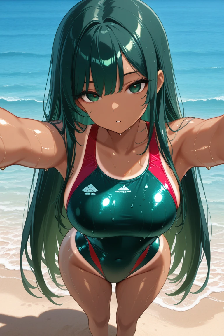 mastute piece,Best Quality,insanely detailed,8k cg,nsfw,
(shoot upper body:1.3),
(1girls:1.3),standing,looking at viewr,body in front,((both arms behind back:1.4)),(navy blue school swimsuit:1.3,waitress:1.2,apron:1.4),エプロン:1.4、(bare breasts:1.2),break,
blush,shy,(??????? face),(trembling:1.2),break,(light green hair:1.2),
break,
perfect breasts,perfect teats,(open mouth:0.9),(large breasts:1.3),
(beach house:1.1)