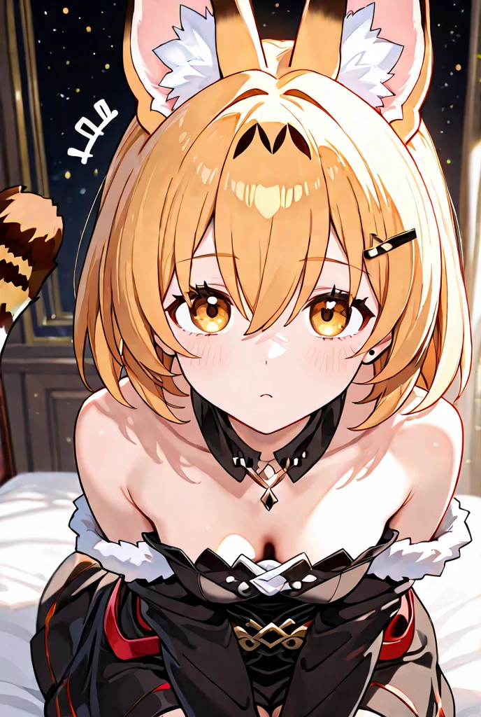 best quality, masterpiece, highres, solo, {mem_oshinoko:1.15}, bangs, short_hair, blonde_hair, blunt_bangs, horns, :3, smile, multicolored_hair, blue_eyes, 1girl, bare_shoulders, blush, looking_at_viewer, off_shoulder, open_mouth, own_hands_clasped, own_hands_together, shirt, upper_body, backlighting, long_sleeves, blurry, sleeveless, bokeh, brown_hair