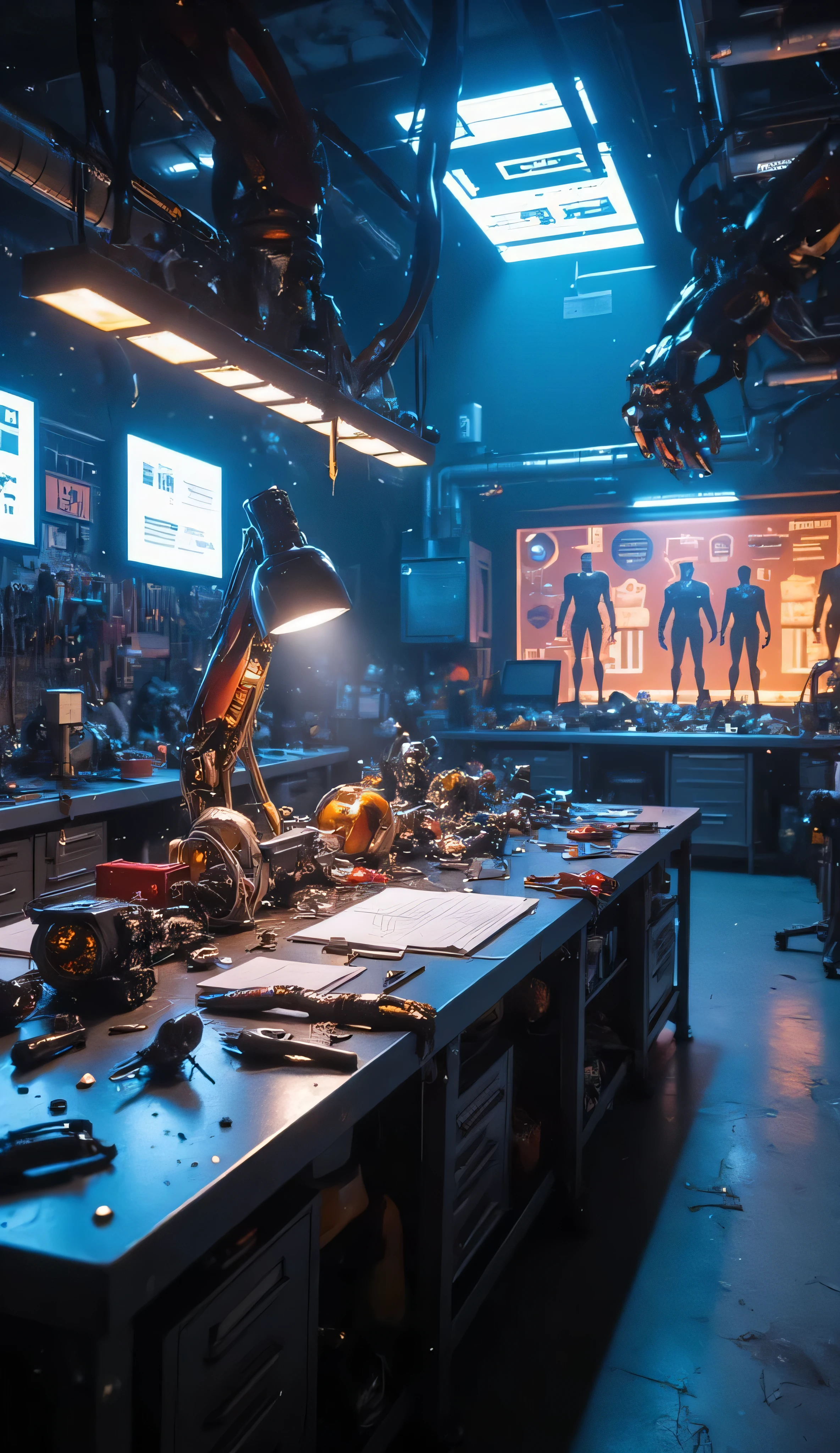A hyper-realistic, ultra-detailed 8K cinematic shot of Stark Workshop — the private, high-tech workspace of Tony Stark. The room is empty of people, but filled with the essence of invention and legacy. The lighting is moody and atmospheric, with soft blue and amber tones illuminating workbenches, tool walls, glowing holographic displays, and mechanical components in various states of assembly.
In the foreground, a sleek metal worktable is scattered with tools, blueprints, arc reactor prototypes, and mechanical gauntlet parts. Screens flicker with data and schematics. In the background, robotic arms hang from the ceiling and a wall display showcases Iron Man suits in silhouette, partially lit.
The floor is reflective polished concrete, lightly scuffed from years of use. Dust motes float through light beams cutting in from ceiling fixtures. There’s a subtle hum of dormant machines and soft blinking LEDs — as if the lab is asleep, but alive with memory.
The atmosphere is thoughtful, quiet, and reverent — a space once filled with genius and ambition, now still, yet full of stories.