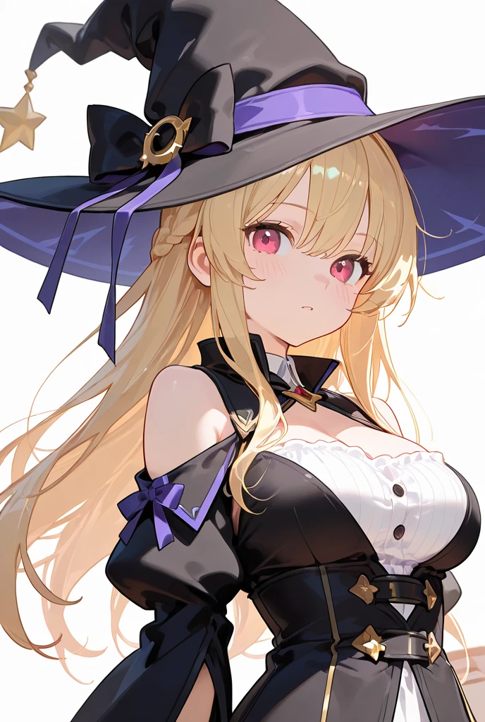 <lora:mmcosplay:1> mmcosplay, hat/witch hat/witch,, ultra detailed, masterpiece, best quality, aesthetic, detailed,, solo, soft smile, light smile,
1girl, blue eyes, very long hair, blonde hair, long blonde hair, french braid, bangs, medium breasts,