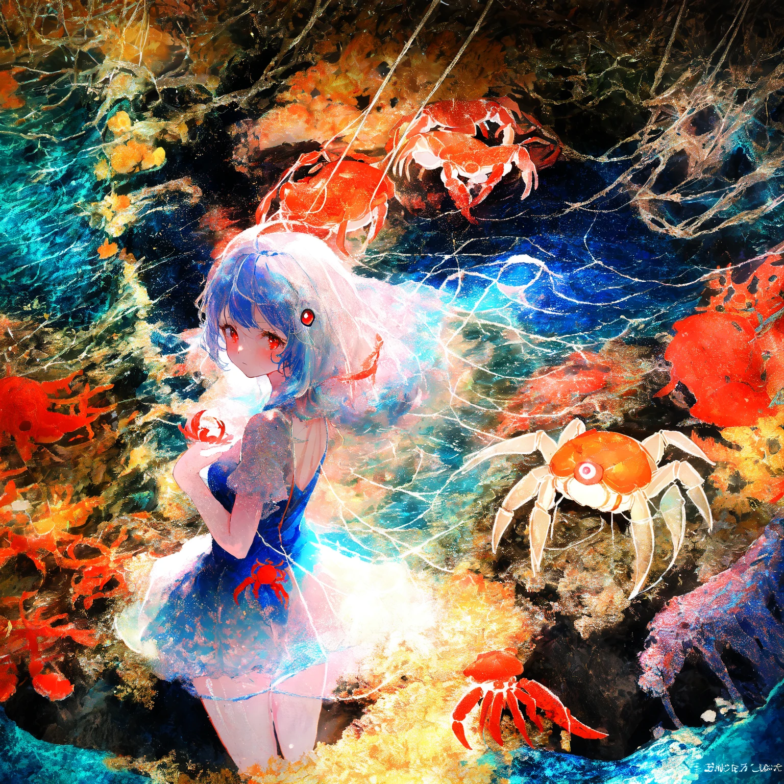 core_9_up, score_8_up, score_7_up, score_6_up, source_anime, 2D、1girl, black hair, red eyes, skeleton body, Translucent dress、骨が見えてる、 blue jellyfish, aquarium, robot joints