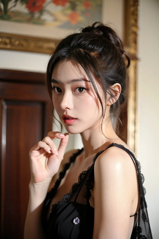 (best quality, ultra-detailed, realistic:1.37), professional, beautiful detailed eyes, beautiful detailed lips, detailed facial features, natural skin tones, perfect skin texture, delicate facial expressions, image in high resolution, realistic face, realistic skin, plain face, natural smile, highly detailed hair, (Meera), 18yo, (an Asian-European college girl), showcases her artistic side in a creative setting. She poses with a paintbrush and palette, wearing a bohemian-inspired outfit that reflects her unique style. The high-resolution image captures ultra-detailed realism, highlighting Meera's expressive eyes, delicate lips, and flawless complexion. The vibrant colors and artistic elements in the background add to the visual appeal, creating a visually captivating representation of Meera's artistic expression.