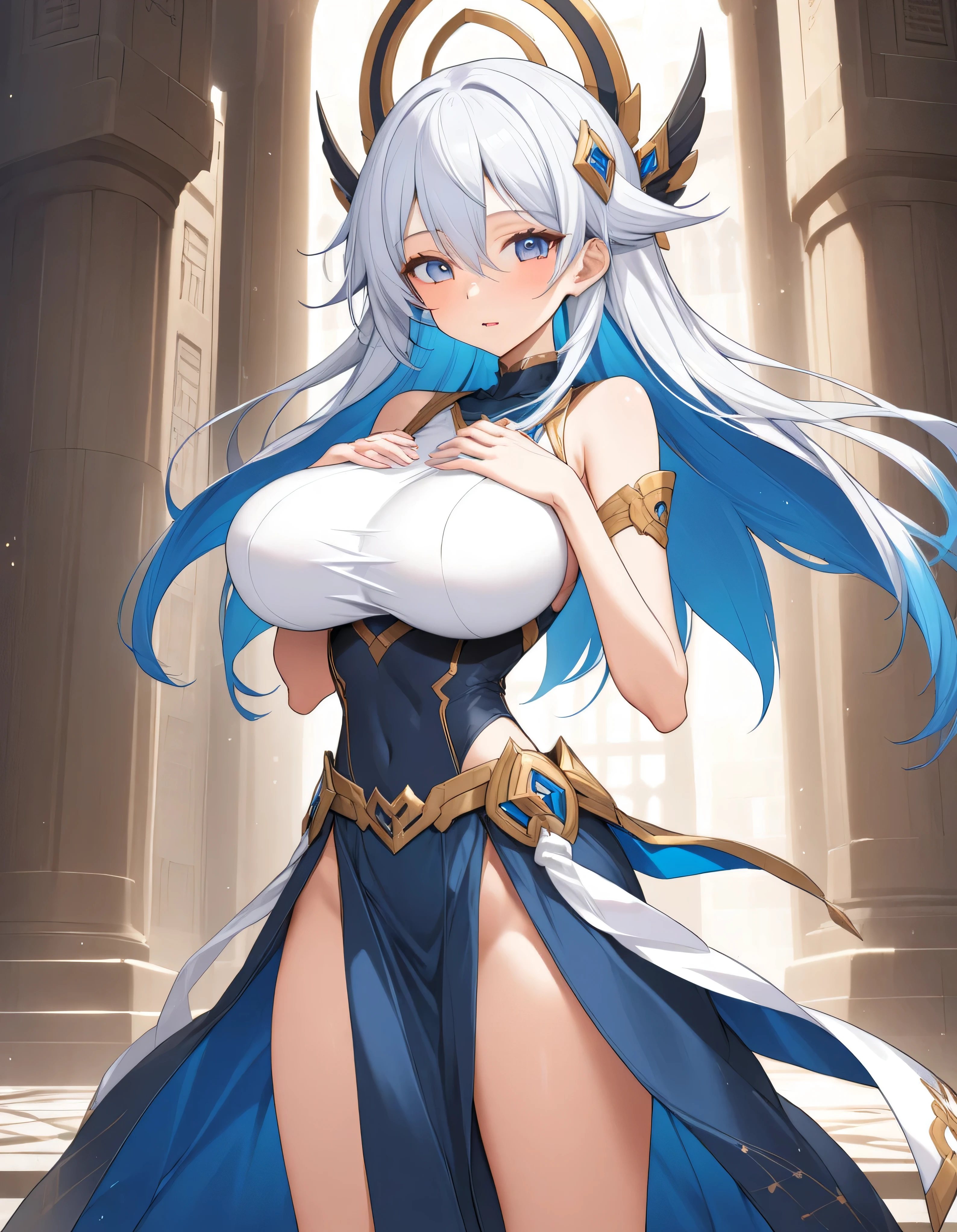 score_9, score_8_up, fantasy, source_anime, BREAK, holy temple, (1 skinny goddess standing), arched back, (huge breasts), (bouncing perky breasts), (clasping own hands under own breasts:1.2), BREAK, narrow waist, skinny legs, long skirt