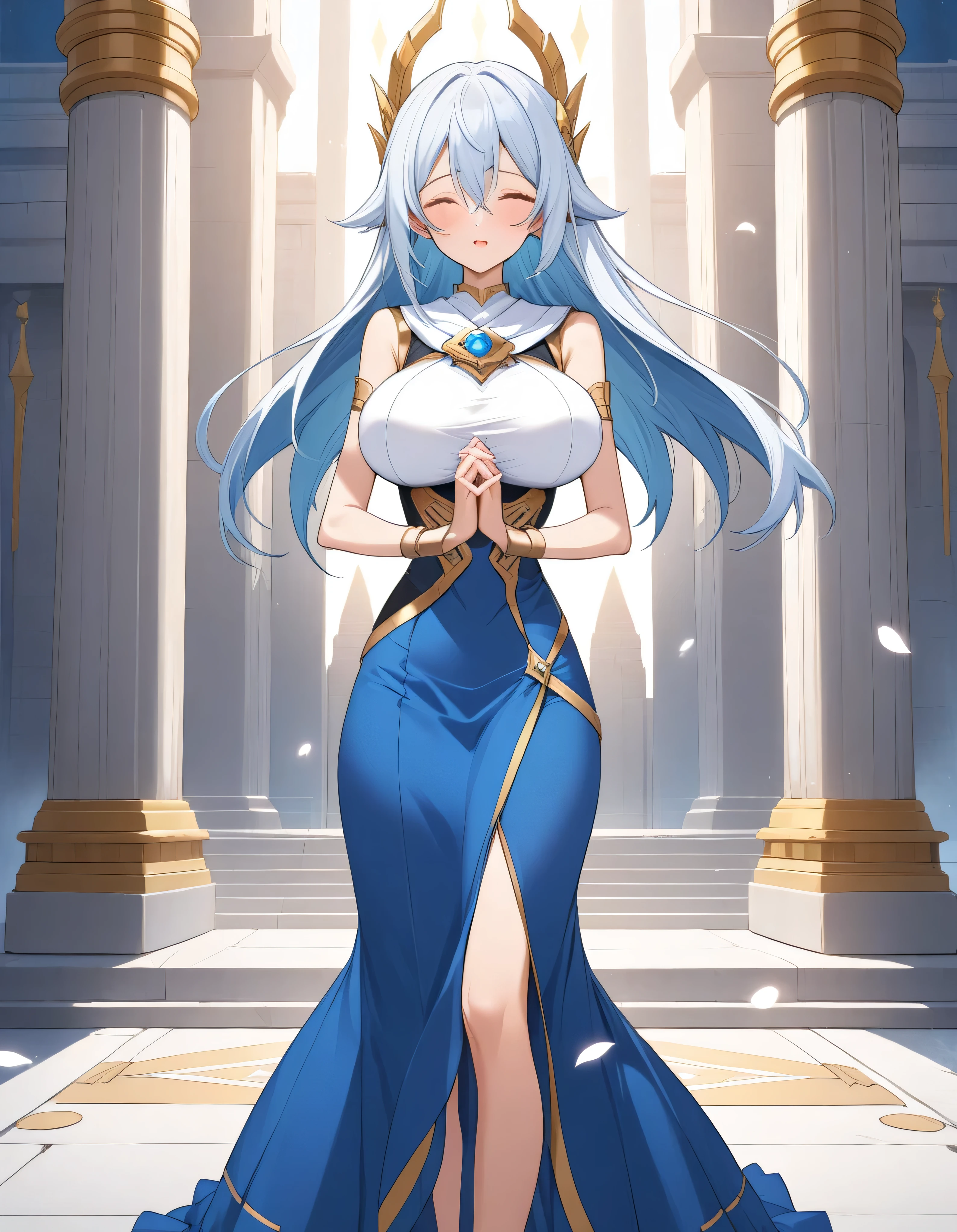 score_9, score_8_up, fantasy, source_anime, BREAK, holy temple, (1 skinny goddess standing), arched back, (huge breasts), (bouncing perky breasts), (clasping own hands under own breasts:1.2), BREAK, narrow waist, skinny legs, long skirt