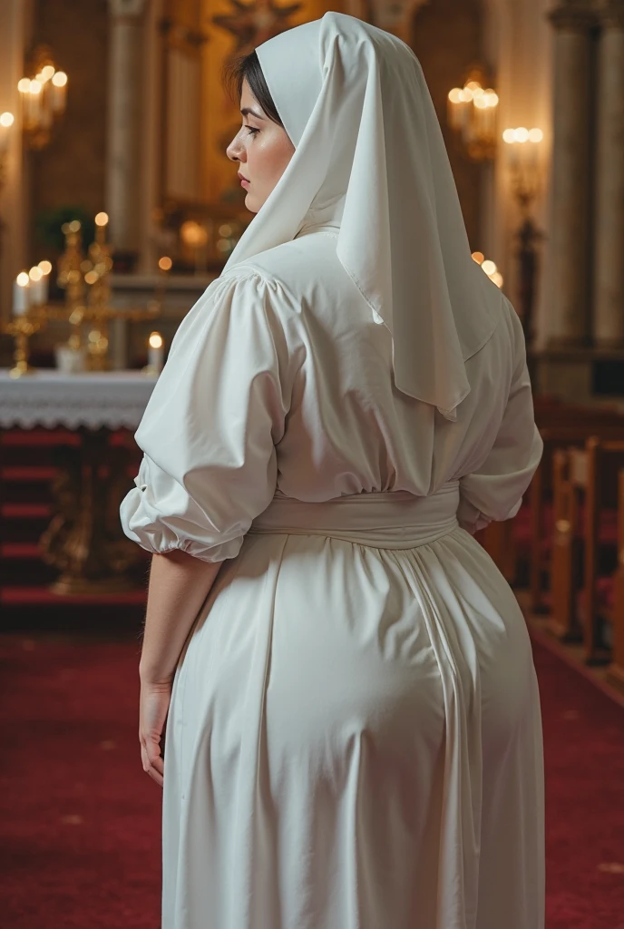 Beautiful woman with perfect body wearing a catholic religious nun outfit, beautiful appearance, 21 anos de idade, roupa de freira religiosa cor preta, seios grandes, e bunda grande, quadriz largos, dentro de um convento, complete view, (back view)