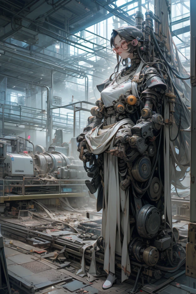 (((masterpiece))), ((best quality)), ((ultra-detailed)), (CG illustration), (an extremely devious and beautiful)), (cute desktop face), cinematic light, ((1 mechanical girl)), single, full, (machine-made joints). : 1.4), ((mechanical limb)), (blood vessel attached to tube), ((mechanical spine attached to back)), ((mechanical cervical vertebrae attached to neck), ((clockwork core)), expressionless, long white hair, (wires and cables attached to head and body: 1.5), (character focus), science fiction, steam