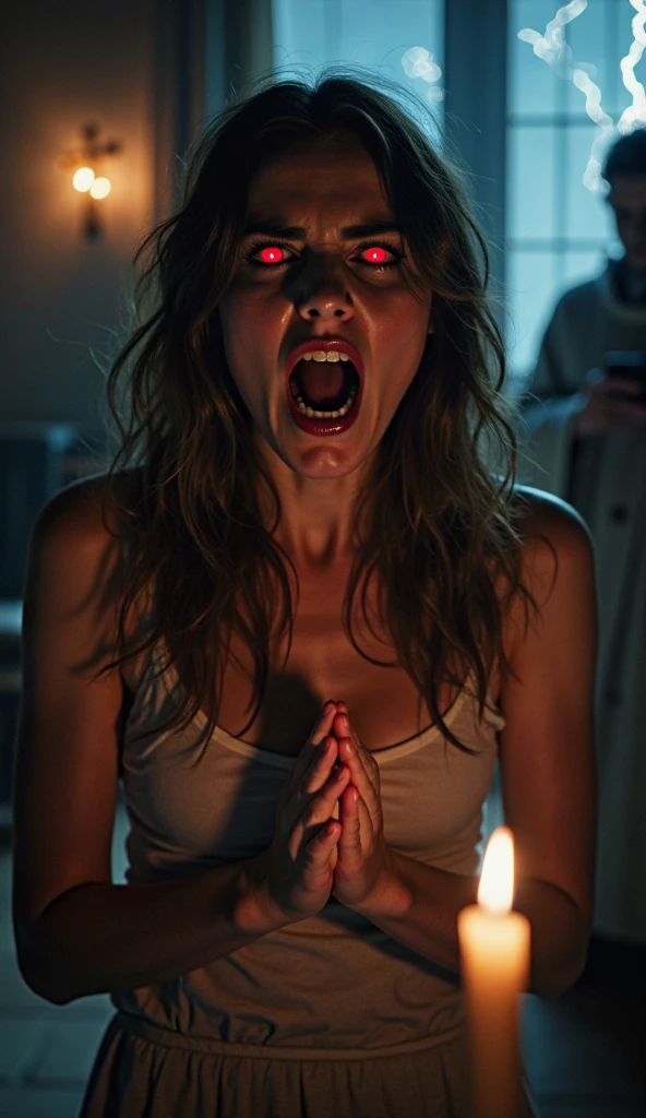 cinematic film still of  <lora:horror The Exorcist film style v1:0.9>
Demon possessed monster creature woman a very big open mouth demon woman with long hair and a huge open mouth screaming in a room, gothic, dim, different, horror movie themed, sharp, detailed, epic photography, artistic, dramatic light, cinematic style, film style, exorcist style, solo, long hair, open mouth, 1boy, sitting, male focus, teeth, indoors, chair, parody, realistic, horror (theme), brown hair, upper body, fangs, painterly, black hair, screaming, looking at viewer, photorealistic, shallow depth of field, vignette, highly detailed, high budget, bokeh, cinemascope, moody, epic, gorgeous, film grain, grainy