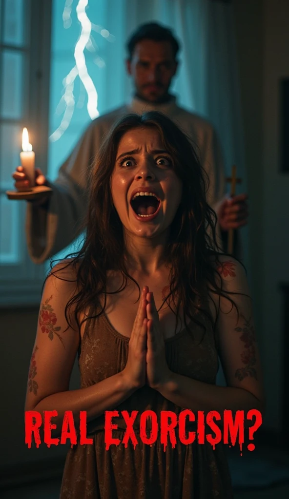 An ultra-realistic detailed photograph: Horror scene, satanic ritual. Disturbing creepy little dolls, in the middle of a Catholic church with several images of saints and several lit candles.