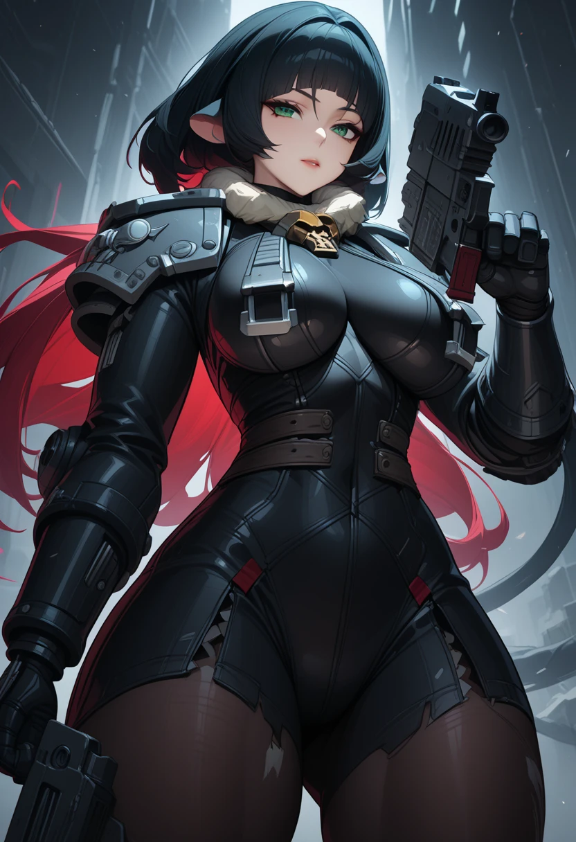 a woman with red lipstick has armor on and is holding a sword, kirijou mitsuru, 1girl, solo, hair over one eye, long hair, (((red hair))), (((red eyes))), weapon, rapier, sword, bodysuit, black bodysuit, grey bodysuit, hand on hip, (((large breasts))), simple background, white background, (purple theme:1.2)
