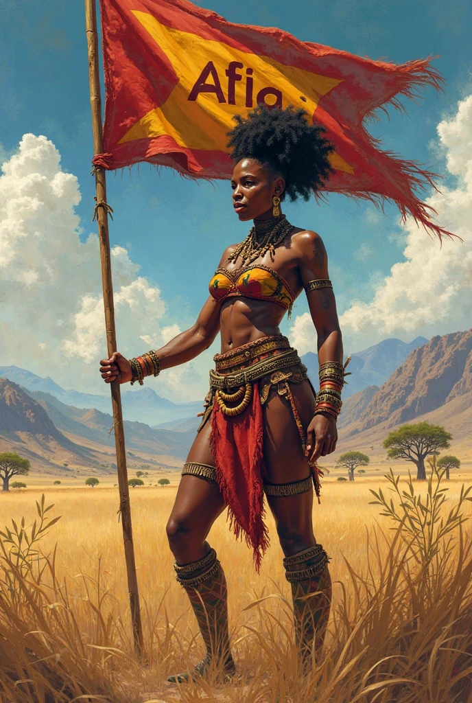 (obra de arte, Ultra HD, oil painting, Realista, Estilos de Greg Rutkowski:1.3), Rainha Nzinga, (17th century African warrior costume:1.2), adornado com joias tribais, fierce expression, wielding a spear, Fundo de savana africana, sunset, (tons quentes de laranja e vermelho:1.2), texturas detalhadas, Cores ricas, imposing presence, full body view, olhando para o espectador.