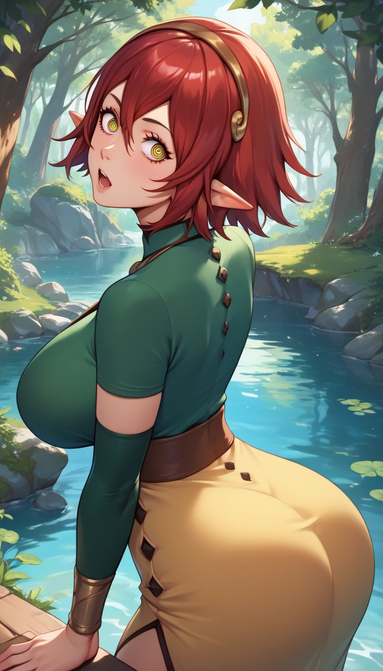 itsuka kendou, green eyes, orange hair, side ponytail, large breasts,black corset, green china dress,, exposed breasts, nipples, exposed pussy, chinese dress, dress, pussy, hanging breasts, cute breasts, smile, abstract background, pussy, skirtlift, detailed, exposed midriff, breasts out, tits, nipples, nsfw, pussy , standing, body focus, 1girl, solo