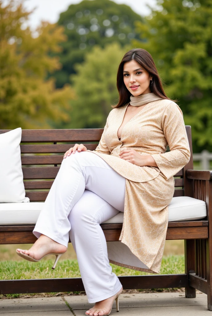 ((Ultra-high resolution)), ((Ultra-realistic)), ((8k clarity)), RAW, Pakistani girl, long hair ,thick figure, wearing kurta and leggings, seductive laugh, beautiful girl,