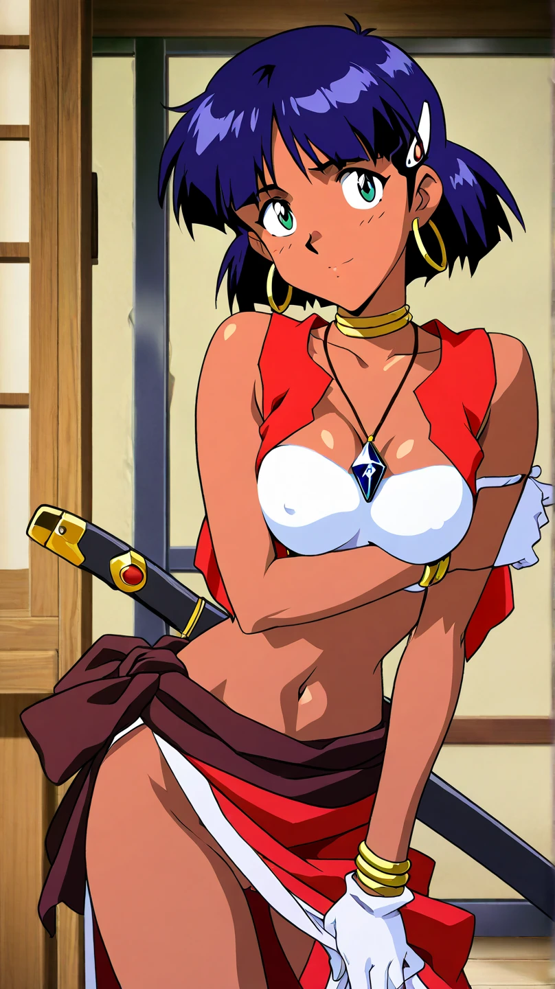 (realistic, masterpiece, best quality, ultra-detailed, full body), boa hancock, 1girl, mature, solo, statuesque, long black hair, ((wide hips, tan, tanned, amazoness, dark skinned, dark skin, sunburnt)), jewelry, tall, earrings, large breasts, long legs, blue eyes,muscular thick thighs. silk halterneck dress, see-through middle, (leather thighhigh boots), sheer elbow gloves, thick lips, armlet, detailed face, detailed eyes, detailed body, detailed clothes, composition.