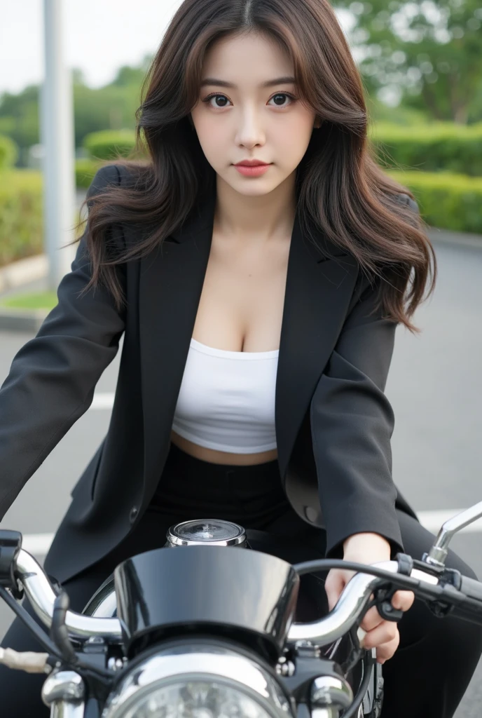 fullllbody、One Person、独奏、realisitic、high-level image quality、hightquality、short-cut、Beautiful woman wearing white rider suit、A smile、Cleavage is visible、Beautiful breasts、Beautiful eyes、Beautiful face、30-years old、Posing in front of a black motorcycle