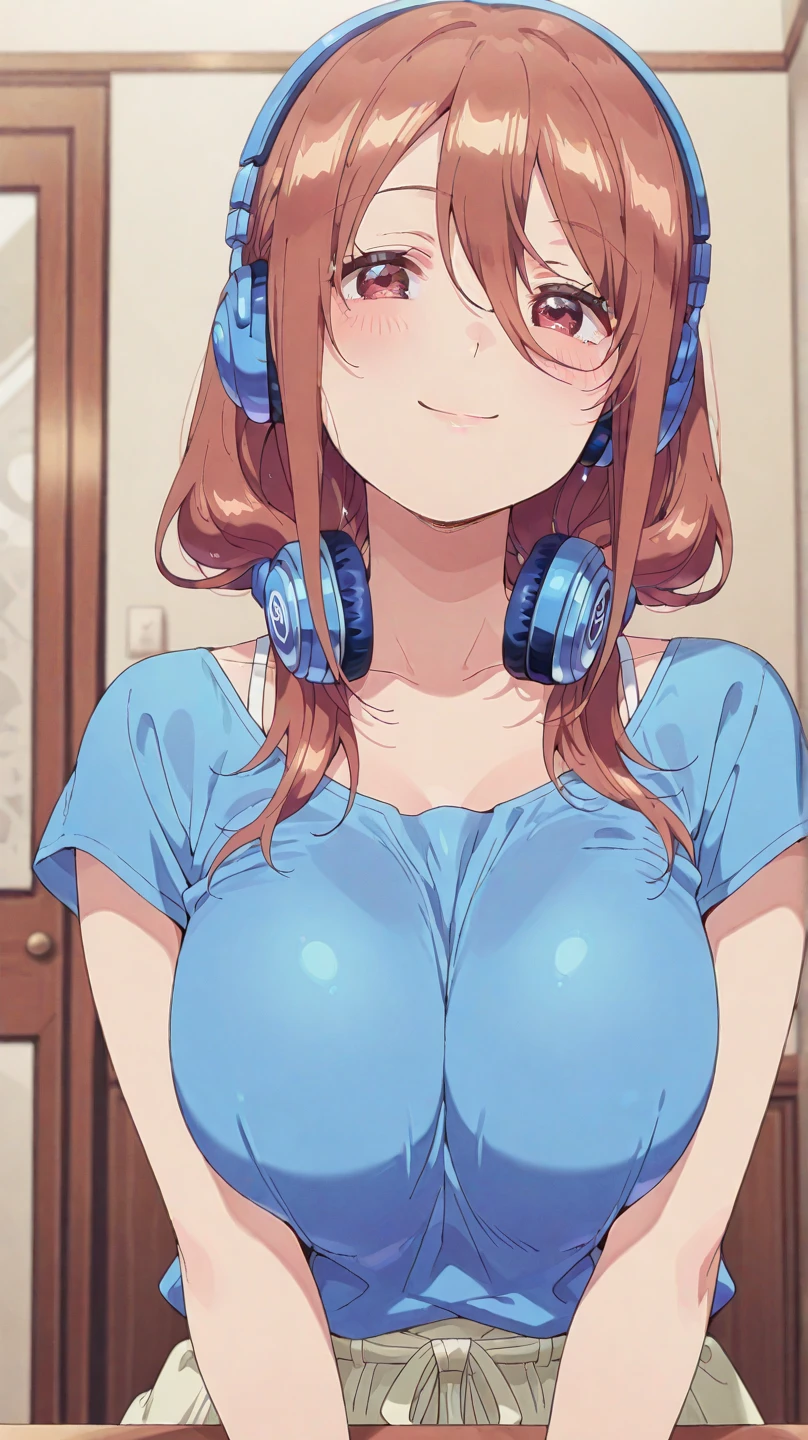 (masterpiece), (highest quality), (illustration), (super detailed), (high resolution), absurdity,1girl,solo,sakura futaba, persona, orange headphones,gaming chair,computer keyboard,desk,indoors,monitor,looking at viewer,shocked,blush,standing,curvy,big breasts,cleavage,clothes pull,undressing,black bikini top,green skirt,from behind