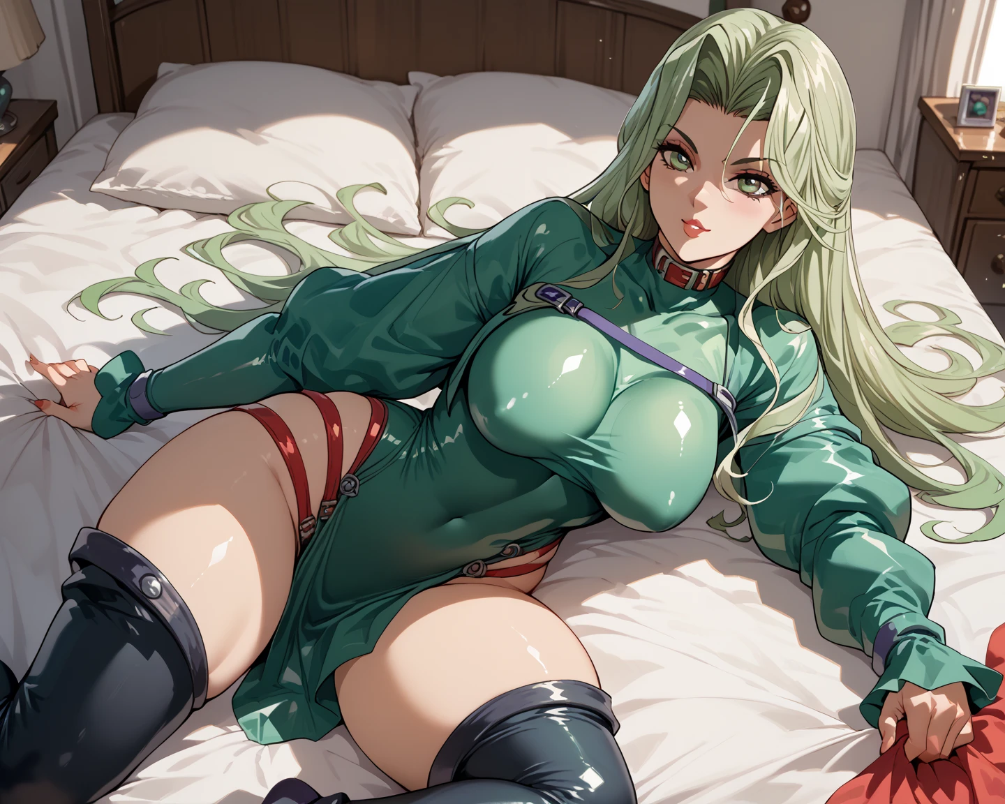 1 female, Mature Woman, Official Art, Highly detailed CG Unity 8k wallpaper, Perfect lighting, colorful, Photo of your face, Sexy Gaze, chest, bangs, devil_girl, head_wing, animal_printing, pantyhose, One_printing, One_wing, printing_Legwear, bridal_, just_shoulder, chestの谷間, big_chest, black_wing, long bright green hair, Green eyes with elongated pupils, black lingerie, black panties, garterbelt with black stocking, Lying on the bed, Bedroom, Wet, drenched, Bra with visible nipples,, View Viewer, smile , Highly detailed face, Perfect lighting, Highly detailed CG, (Perfect hands, Perfect Anatomy),, Legs,large breasts,nipples,pussy,((anal)),smiling,female , 豊かなchest (((Nude))) ,spread Legs,lying down,nipples,(pussy,from below),female、(((Leg spread)))、大きなchest、((((Big Breasts))))、((Pussy juice ))、smile、Erect nipples
