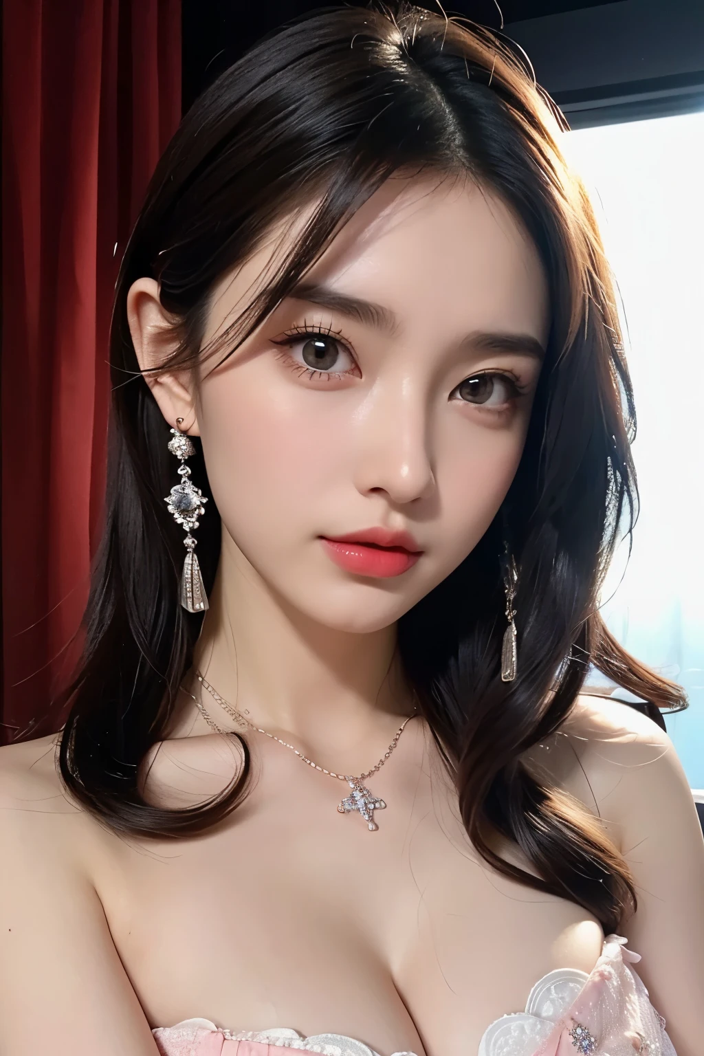 table top,1 girl,(mature woman:0.5),tall body,golden ratio,(K-POP idol),(shiny skin:1.2),(oil skin:1.1),compensate,(close),(church background),Depth of bounds written,(closed mouth:0.5),((curly hair、curly hair、brown hair)),(puffy eyes),(eyelash:1.1),(parted lips:1.1),red lipstick,fantasy art style, whole bodyエスビアン, dreamy lights,(lace wedding dresses:1.2),whole body,(Dreamy hair ornament:1.1),(evening:1.2),princess shoes,(diamond necklace),(crystal hairpin),Tyndall effect,High resolution, big breasts, slim waist, perfect body, perfect breasts,
